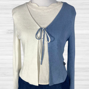 NWT Hazel Moon MEDIUM Cardigan Blue & Cream Open Front Knit Tie Sweater